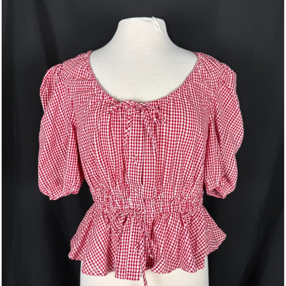 Joie Red White Gingham Check Cotton Blend Peplum Blouse Sz L Cottage Puff